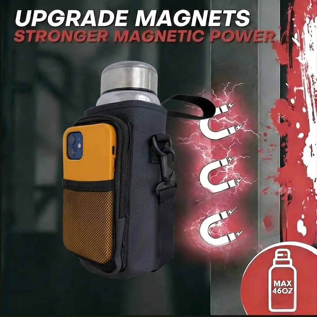 Upgraded Magnetic Water Bottle Holder with Phone Pocket, Strong Magnet, RFID Safe, Adjustable Strap for Gym Workout