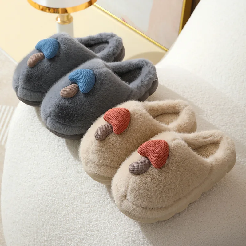 Women's Winter Warm Fluffy Plush Slippers Cute Cartoon Mushroom Home Cotton Shoes Woman Indoor Outdoor Thick Sole Furry Slippers