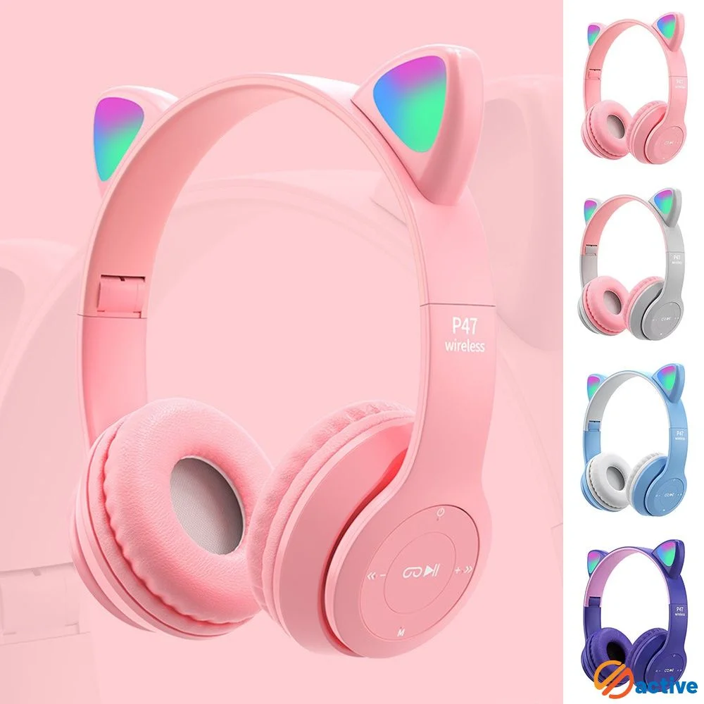 Cute Kitten Ears Fone de ouvido Bluetooth sem fio, LED piscando, fones de ouvido para meninas infantis, Sport Touch, HIFI Stereo Headset, P47m