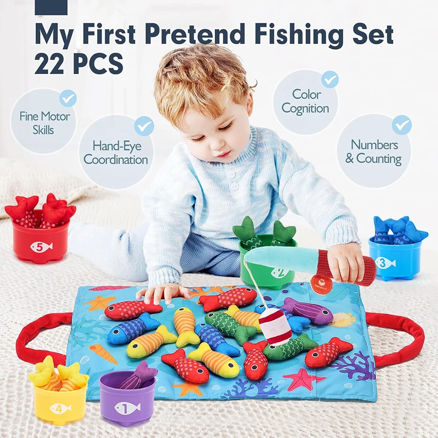 Jouets Montessori pour enfants de 1 an, jeu de pêche en tissu avec tasses empilables, jouets pour tout-petits d'un an, garçon et fille, couleur poisson Plus