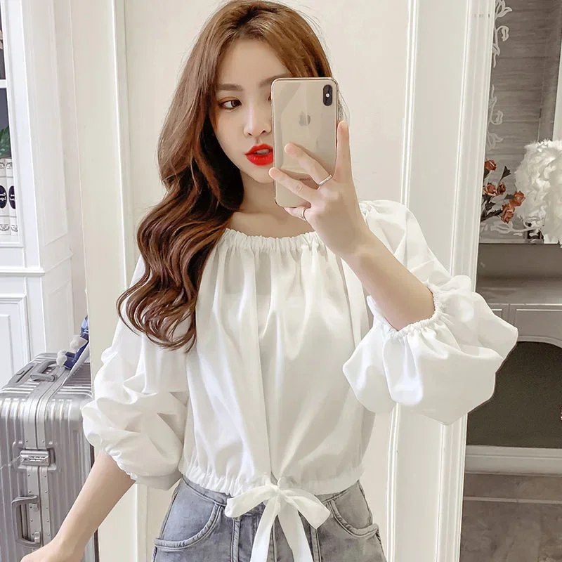 

Folds Shirring Blouse Women's Clothing 2025 Summer New Casual Pullovers Office Lady Puff Sleeve Shirt ZT501