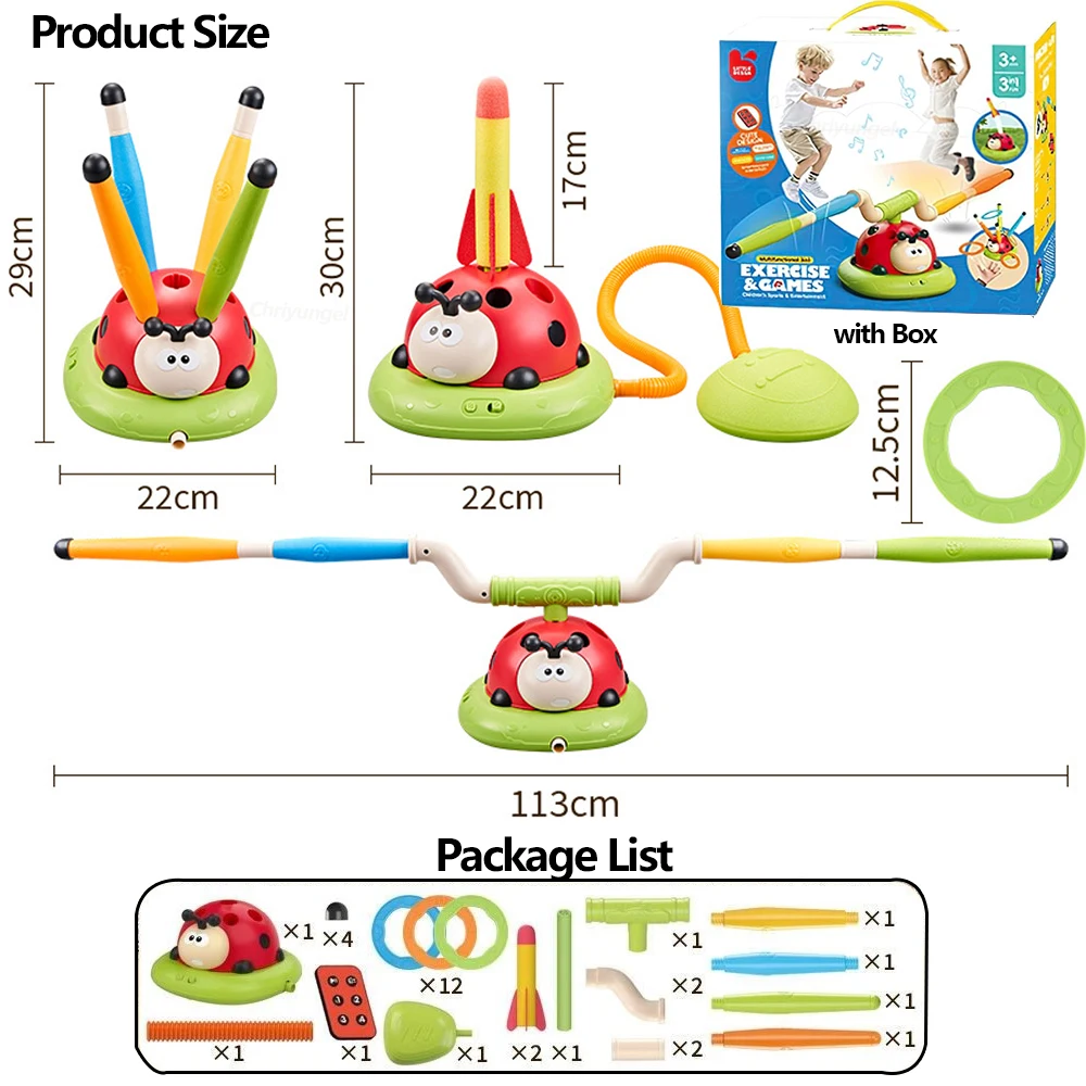 Chriyungel Musikalisches Springen, Sportspielzeug, Wurfring, Spielspielzeug und Raketenwerfer für Kinder, Marienkäfer, Multifunktions-Außenmaschine, Geschenke 4