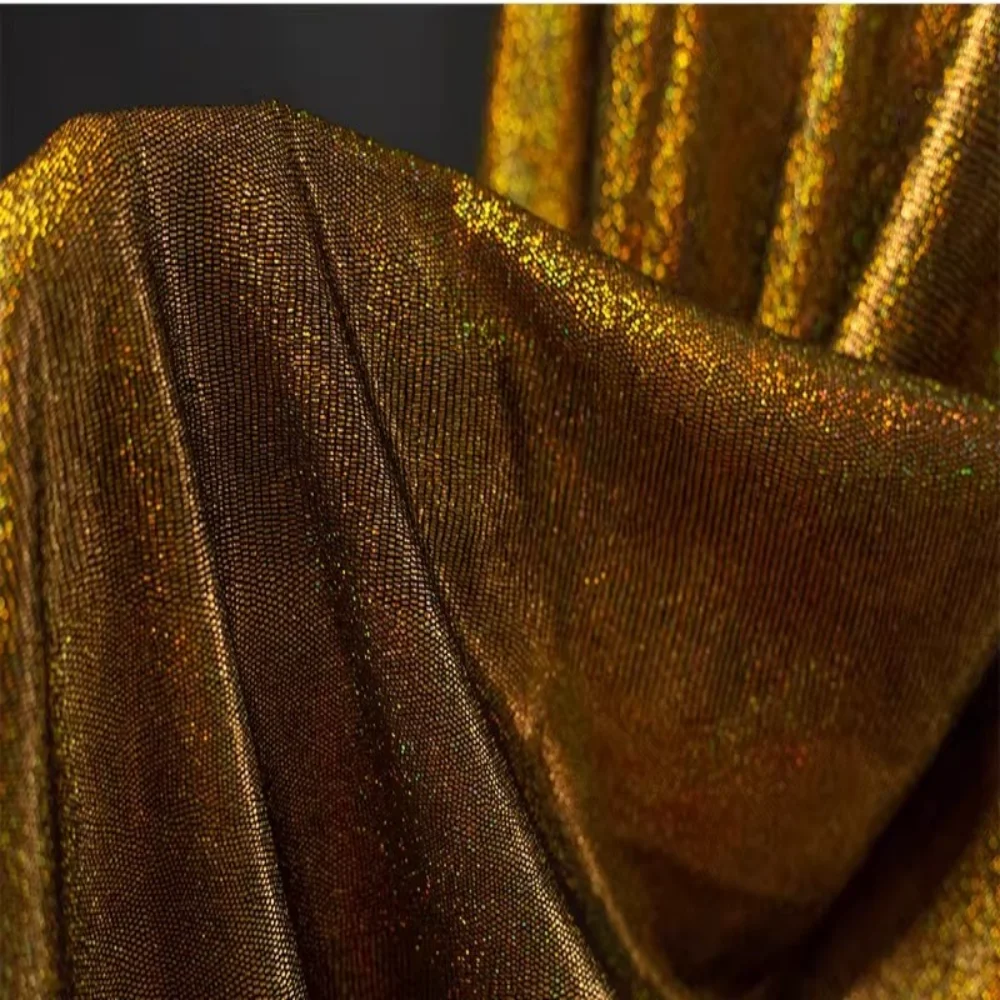 

Golden Glitter Fabric Knitted Elastic Sequin Runway Performance Background Decoration Apparel Sewing Fabric Cloth Meters Diy