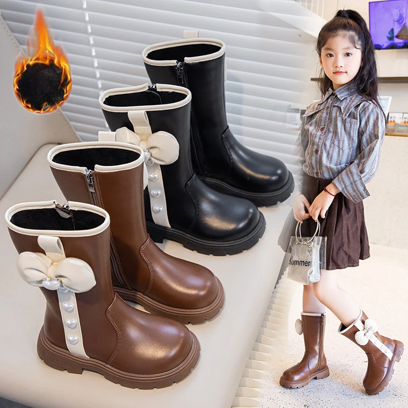 Fashion Elegant Children High Top Knight Boots Kids Princess Mid-calf Soft Leather Riding Boots Toddler Girls Winter Warm Shoes