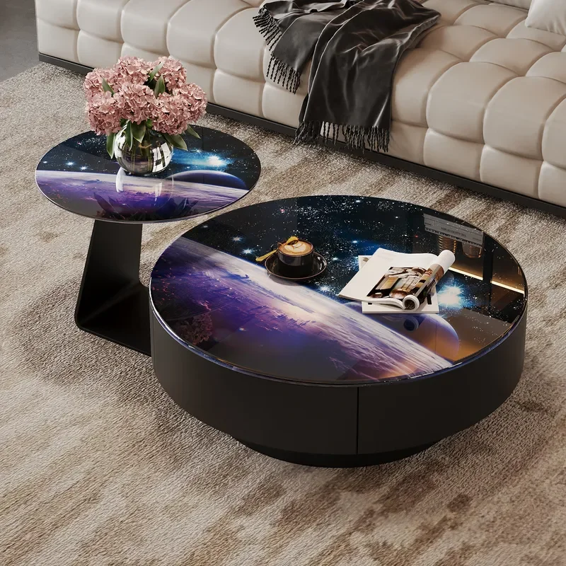Starry Sky Tempered Glass Coffee Table Round Living Room Home High End Design Simple Combination With Drawer Storage