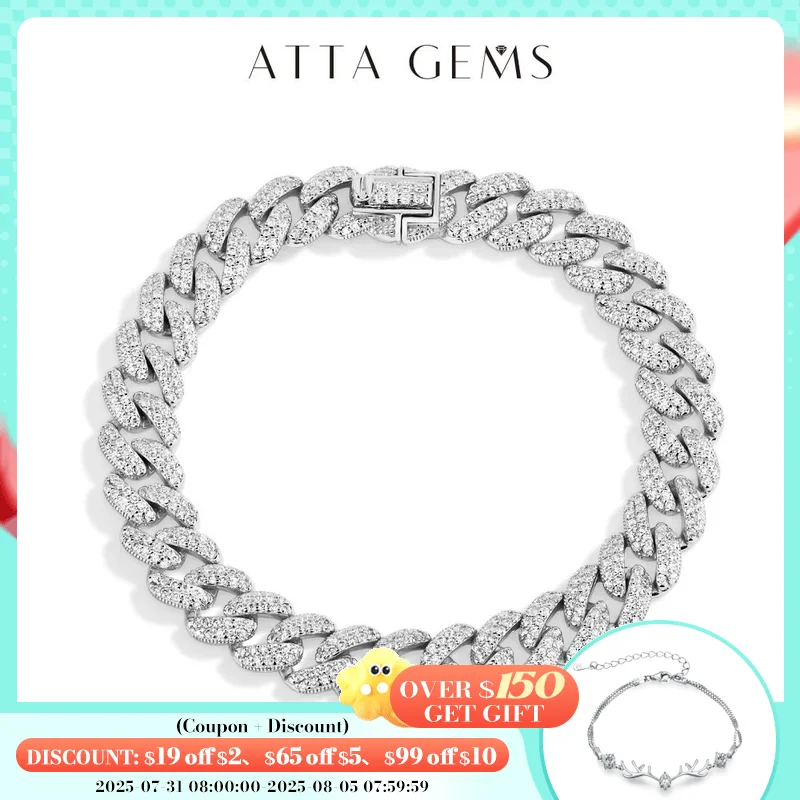 

ATTAGEMS DVVS1 Full Moissanite Cuba Chain for Man Women 925 Sterling Silver 18k Gold Plated Hip Hop Tennis Bracelet Fine Jewelry