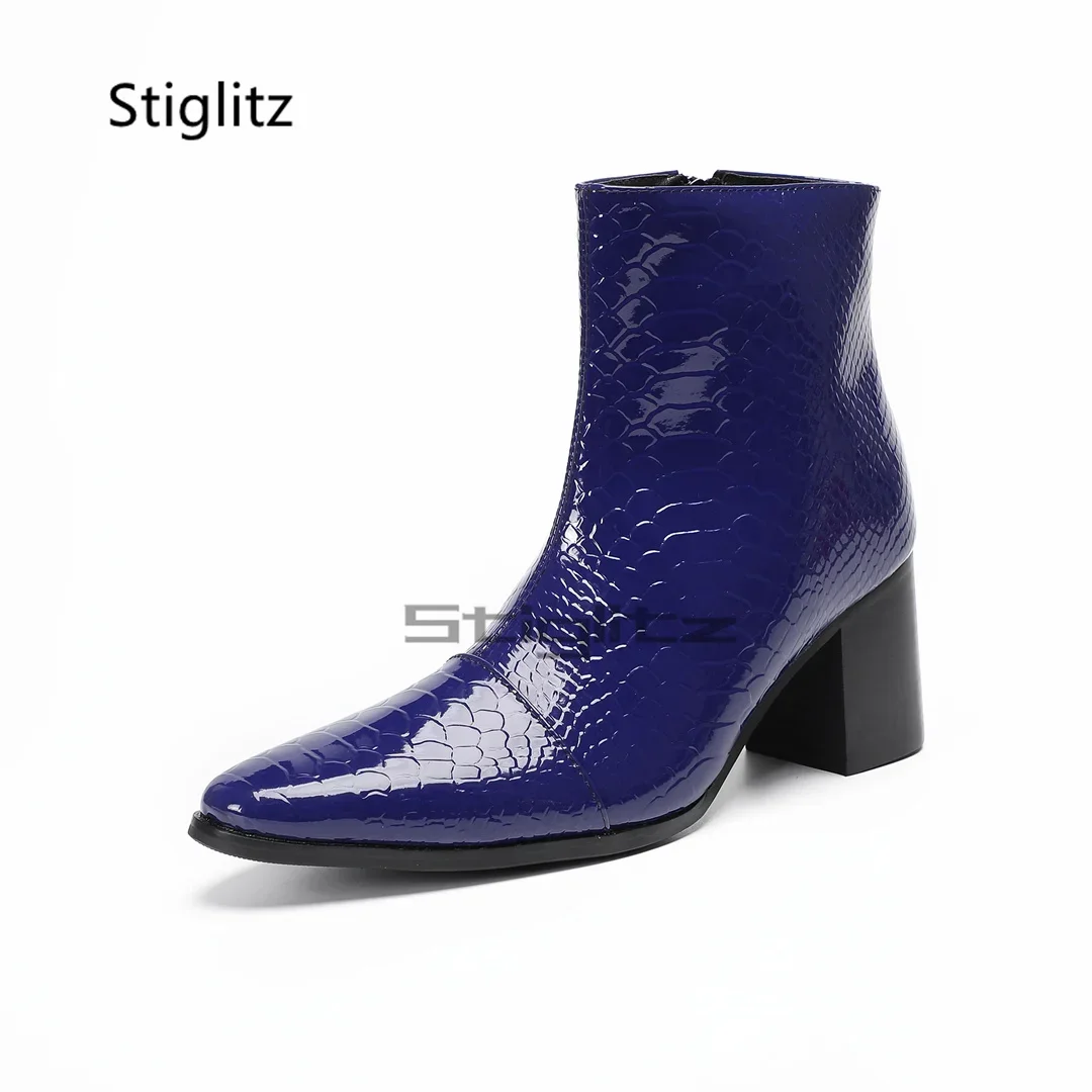 Blue High Heels Men's Chelsea Boots Retro Snake Pattern Genuine Leather Pointed Toe Ankle Boots Side Zip Social Work Shoes Male