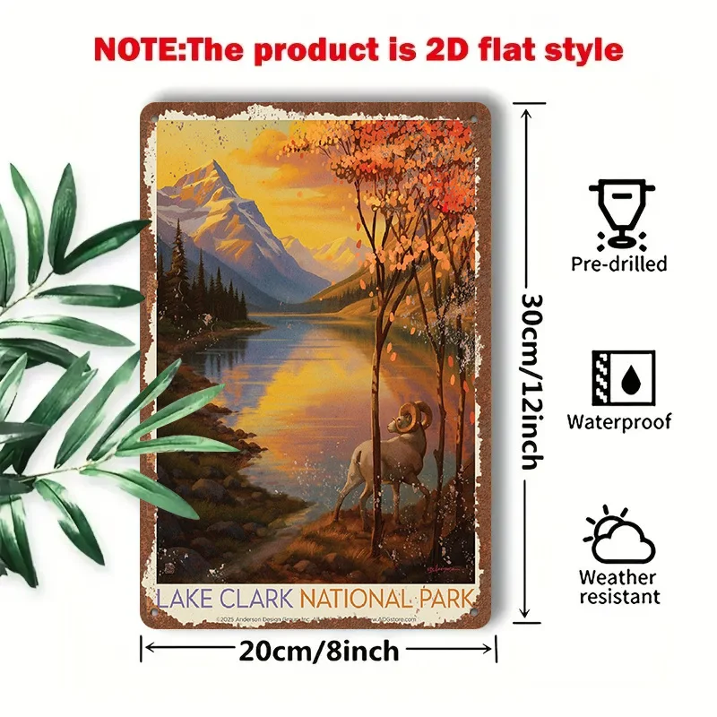 2D Flat - 1pc 2D[Flat] Metal Sign Vintage Tin Painting of Lake Clark National Park, Depicting Autumn Mountains, Lakes, And Alpac