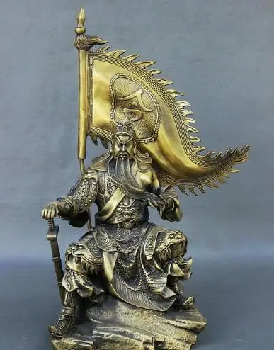 

12" Chinese Sit Stone Warrior Guan Gong Yu God Dragon Sword Flags Statue