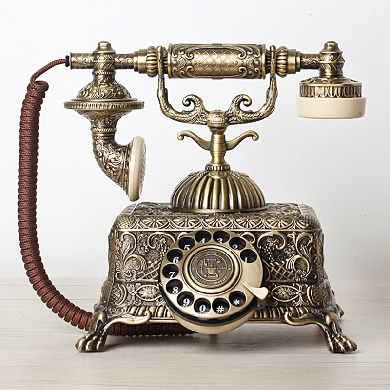 Metal Antique Green Bronze Corded Telephone Retro Vintage Rotary Dial Desk Telephone Phone Home Office Decoration