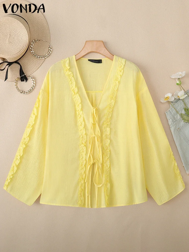 VONDA 여성용 쉬폰 롱 가디건 2025 패션 레이스업 커버업 긴 소매 셔츠 캐주얼 루즈 시스루 빈티지 비치 탑