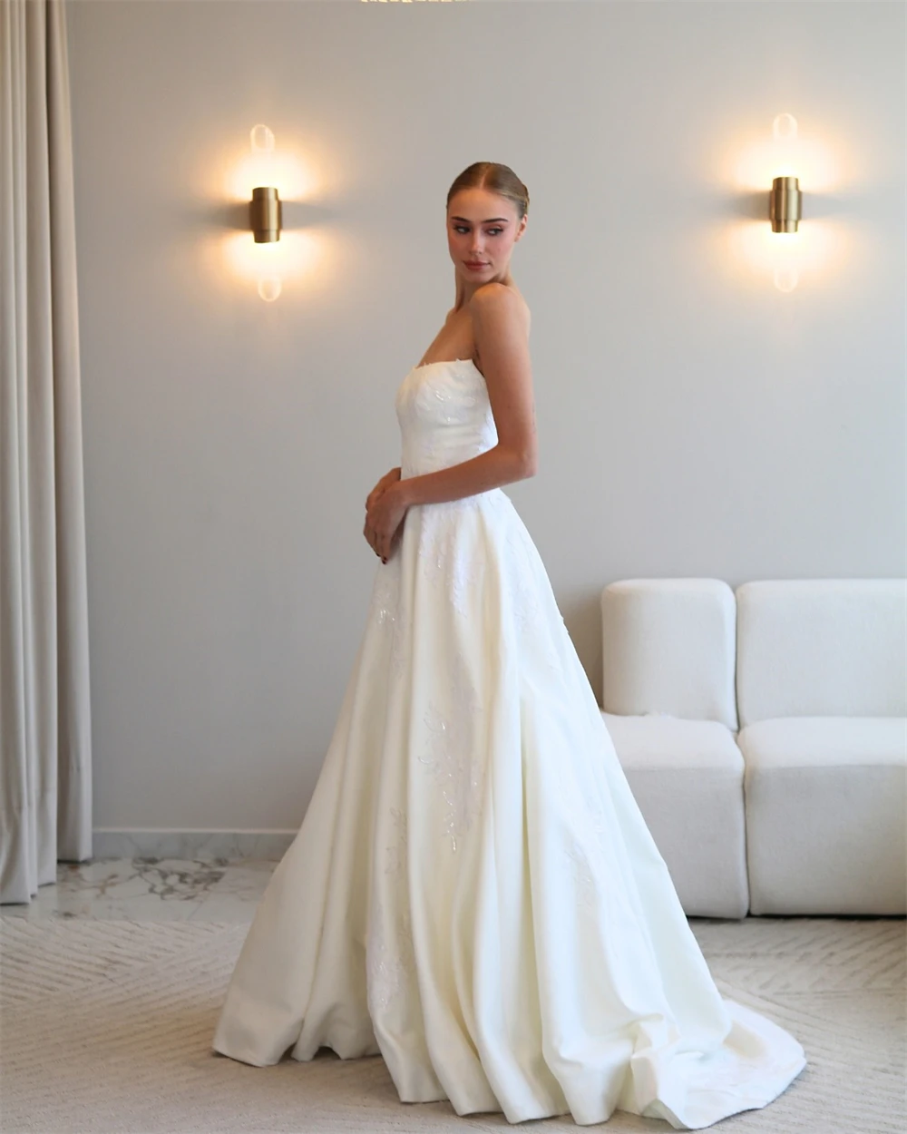 

Свадебное платье из белого джерси в стиле бохо по индивидуальному заказу, официальное свадебное платье без бретелек без рукавов, мягкое трапециевидное платье со шлейфом, Vestido De Novia