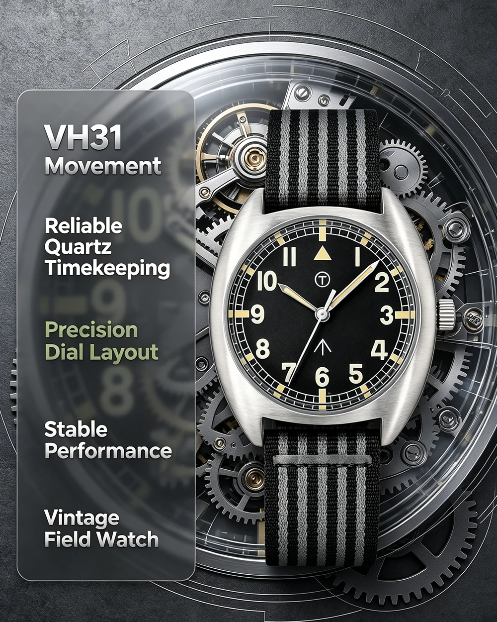 MILITREK MT9004 Vintage-Militär-Quarzuhr, 38 mm, 316L-Edelstahl, 100 m wasserdicht, Saphirglas, C3, leuchtende Herren-Felduhr – Detail 3