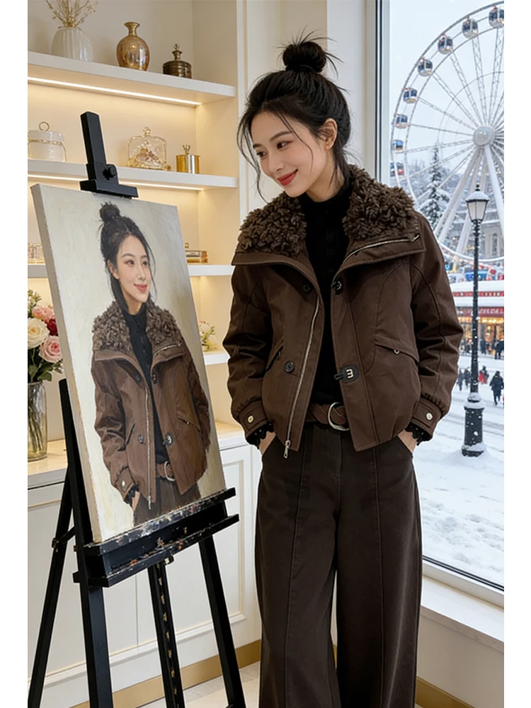 

Модная женская зимняя куртка-пальто оверсайз в американском стиле, хлопковая, с меховым воротником