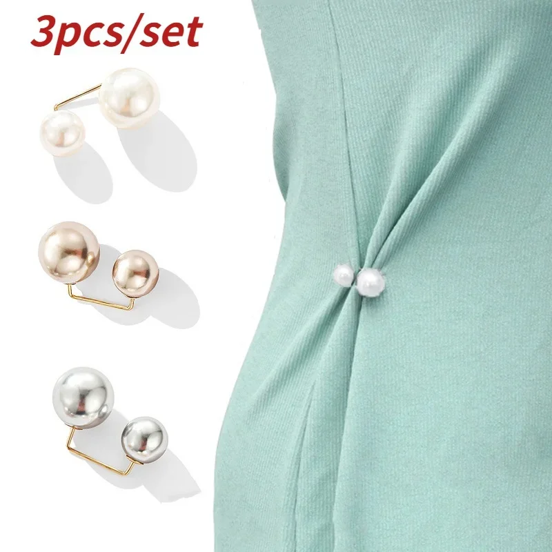 Women Fashion Tightening Waistband Pin 3Pcs/set Double Pearl Brooches Metal Lapel Pin Brooch Pins Sweater Shirt Cardigan Brooch