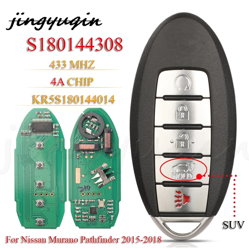 

jingyuqin 5 Buttons KR5S180144014 P/N S180144308 4A Chip 433MHZ Remote Car Key For Nissan Pathfinder Murano IC#7812D-S180204