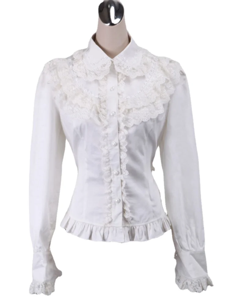 White Cotton Lolita Blouse Long Sleeves Lace Trim Turn-down Collar Ruffles Victorian  Sweet Lolita