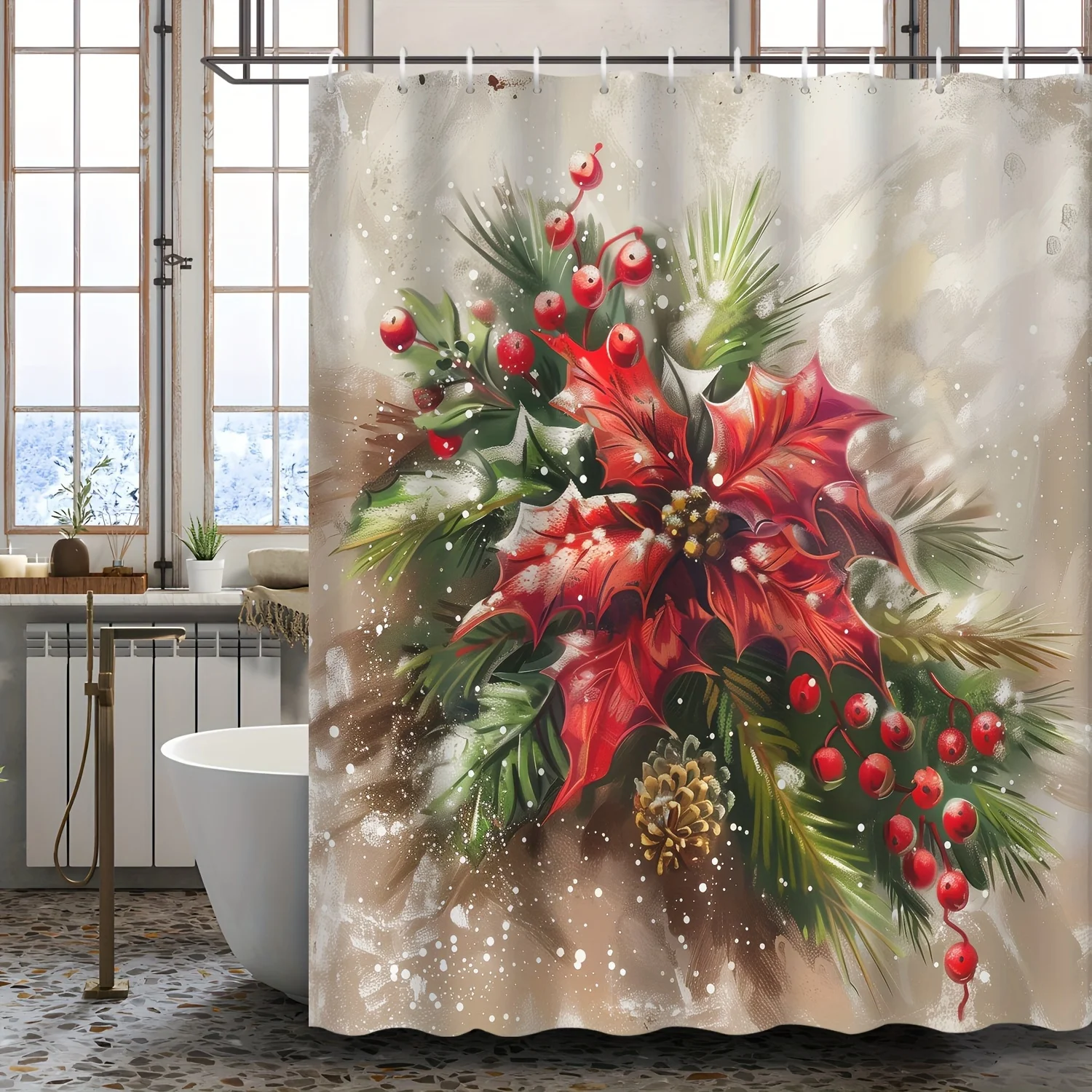 Christmas Poinsettia Shower Curtain Waterproof Fabric Bathroom Curtains Red Flower Holly Bath Screen Divider Home Decor With