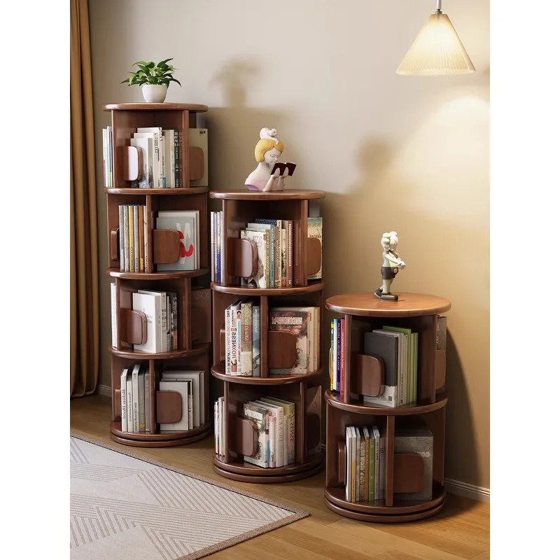 Solid wood rotating bookshelf 360-degree household children's small bookcase small apartment space-saving picture book rack floo