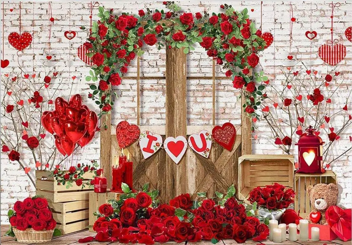 Valentine's Day Wood Door Photography Backdrop Love Red Rose Brick Wall Party Decorations Wedding Bridal Kids Background Banner