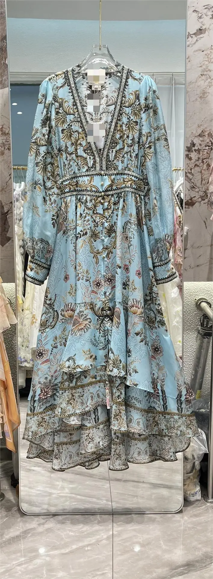 

dress for women V-neck Crystal Beaded Long Sleeve Blue Flower Print Elastic Waist Multi-layer Ruffles Long Silk Dress