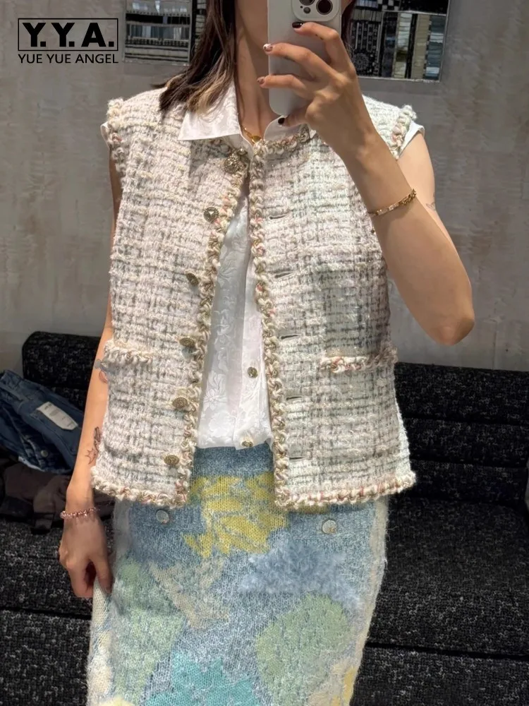 

Fashion Women Tweed Sleeveless Jacket Single Breasted O Neck Casual Plaid Waistcoat Elegant Office Women Slim Fit Short Vest