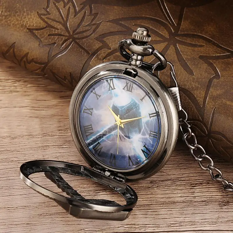 Vintage Gray Hollow Powerful Hammer Design Quartz Pocket Watch Clock with Chain Thunder Pendant Antique Cosplay Gifts Men Fans