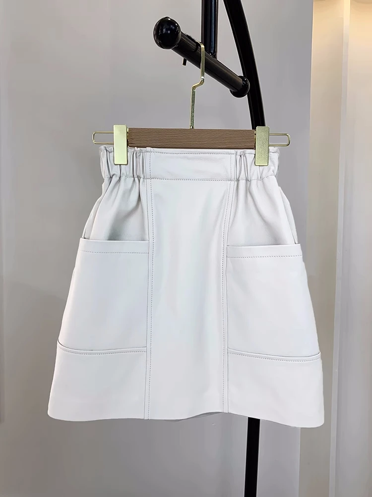 

Korean Style Autumn Winter Chic Women High Quality Genuine Leather Elastic Waist Pockets High-rise Skirt C109