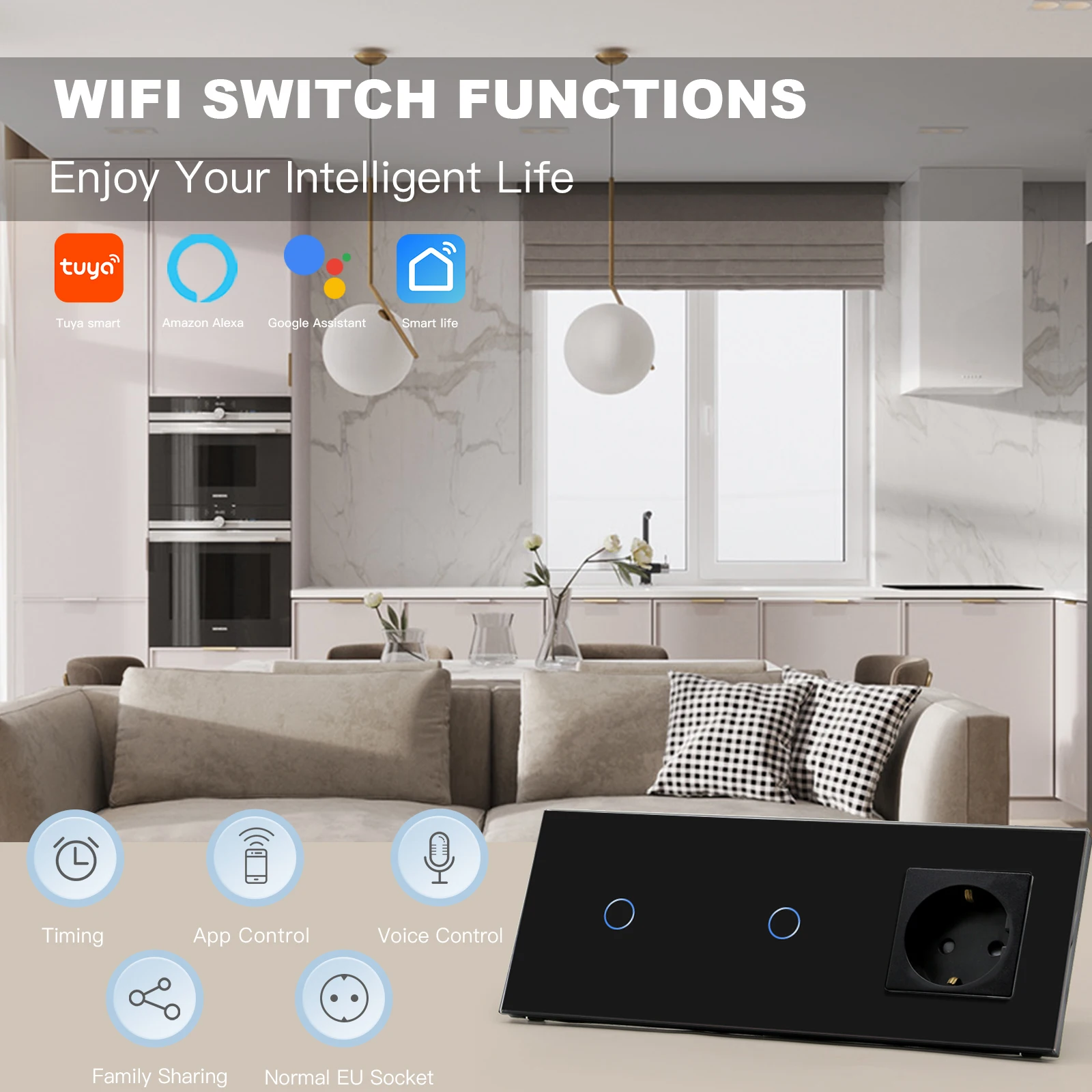 BSEED Double Wifi Wall Touch Switches 1/2/3Gang 1/2/3 Way EU Sockets Without WIFI Smart Google Alexa Light Switches App Control