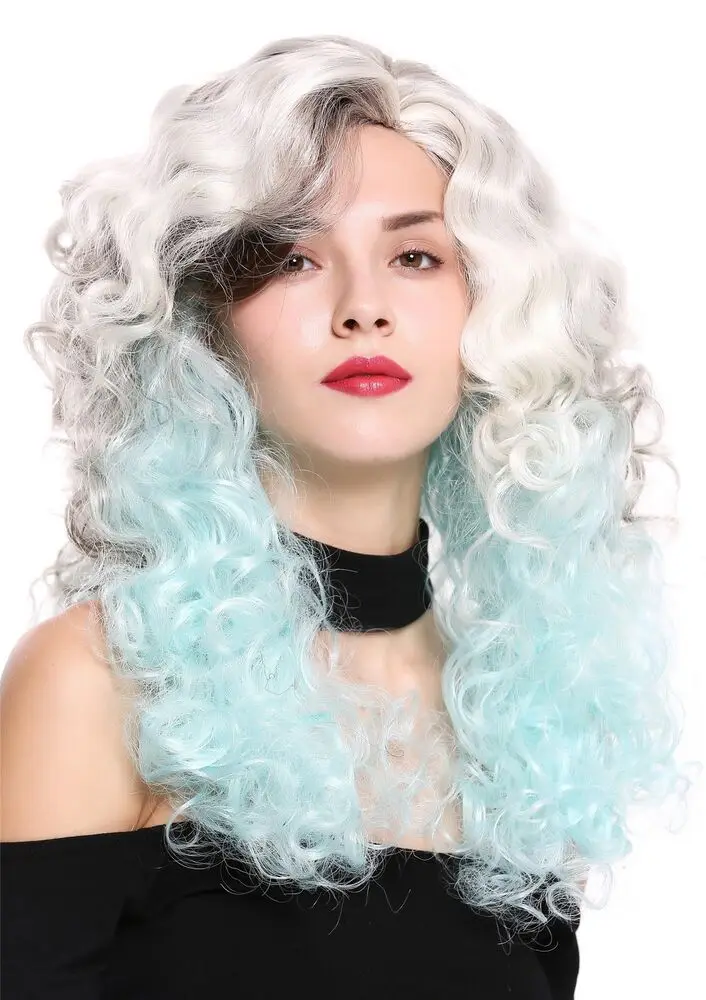 Women's Wig Long Volume Side Part Curls Drag Queen Braun Blonde Blue Synthetic