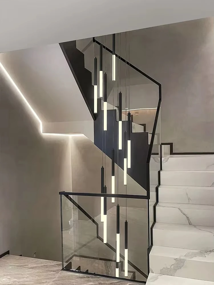 2026 New Led Long Chandelier Modern Golden/black Round Tube Pendant Lights Duplex Stair Living Room Kitchen Ceiling Pendant Lamp