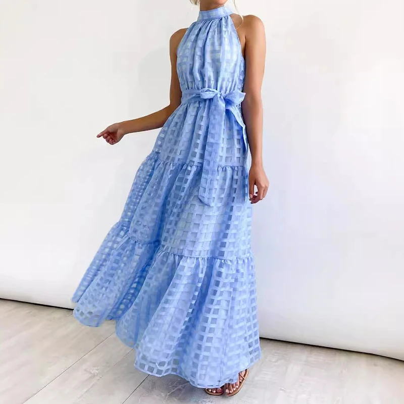 Robe longue à col licou avec ceinture pour femme, élégante, vintage, décontractée, plage, été, 2024