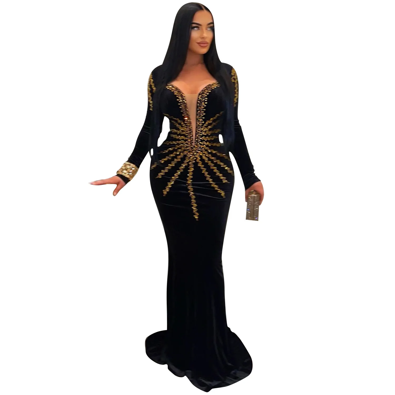 EINY y2k Luxury Pearl Rhinestones Deep V Bodycon Party Club Dresses Women Low Cut Long Sleeve Velvet Vestidos Sexy Mermaid Dress