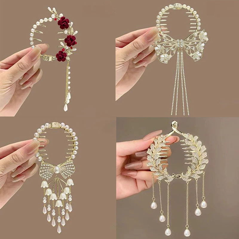 Pinza para el pelo con borla elegante para mujer y niña, horquilla con diamantes de imitación, perlas, flores, soporte para cola de caballo,