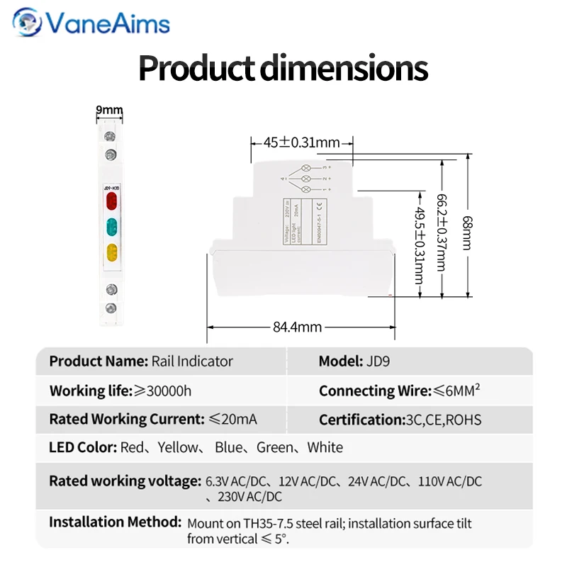 Din Rail Mount LED Signal Lamp 230V 24V 12V AC/DC Modular Indicator Light JD9 50/60Hz Ultra-thin Type Lamp Red Yellow Green Blue image 5