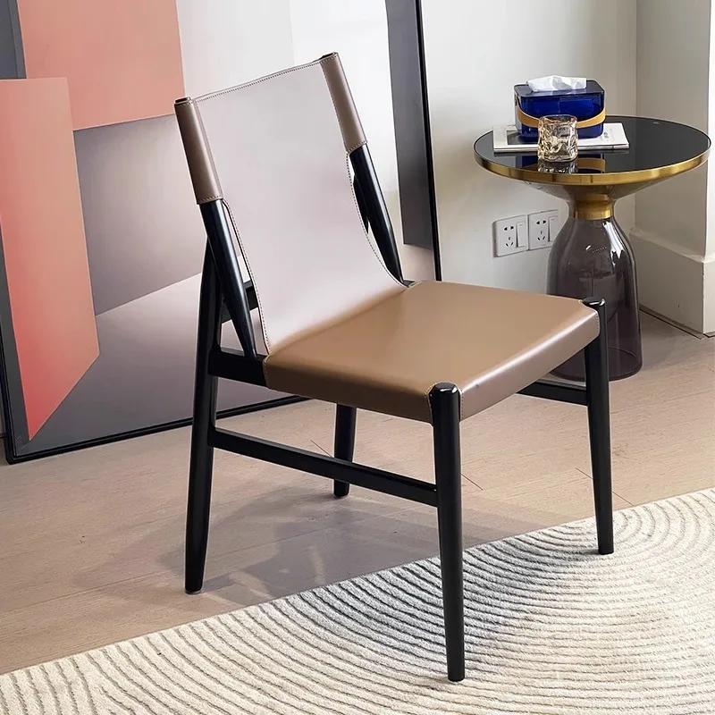 Modern Light Luxury Saddle Leather Dining Chair Backrest High End Lounge Iron Frame Seat Restaurant Home Decor Furniture