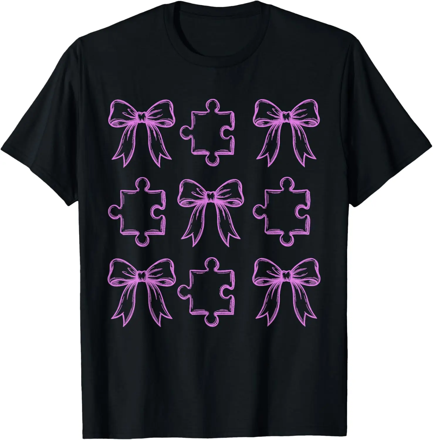 Autism Awareness Stimming Puzzle Bow Grid Coquette T-Shirt 100% Cotton Trendy Y2K Short-Sleeve Tee-Soft, Quick-Drying,