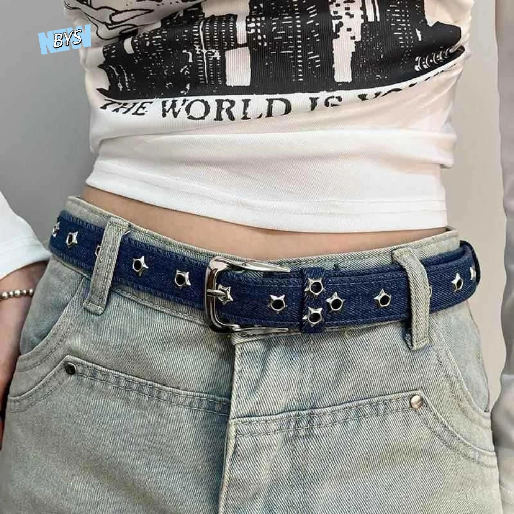 

Casual Star Hollowed Pin Buckle Retro Jeans Belt Korean Style Wide Metal Buckle Belts Black Denim Harajuku Denim Belt Lady