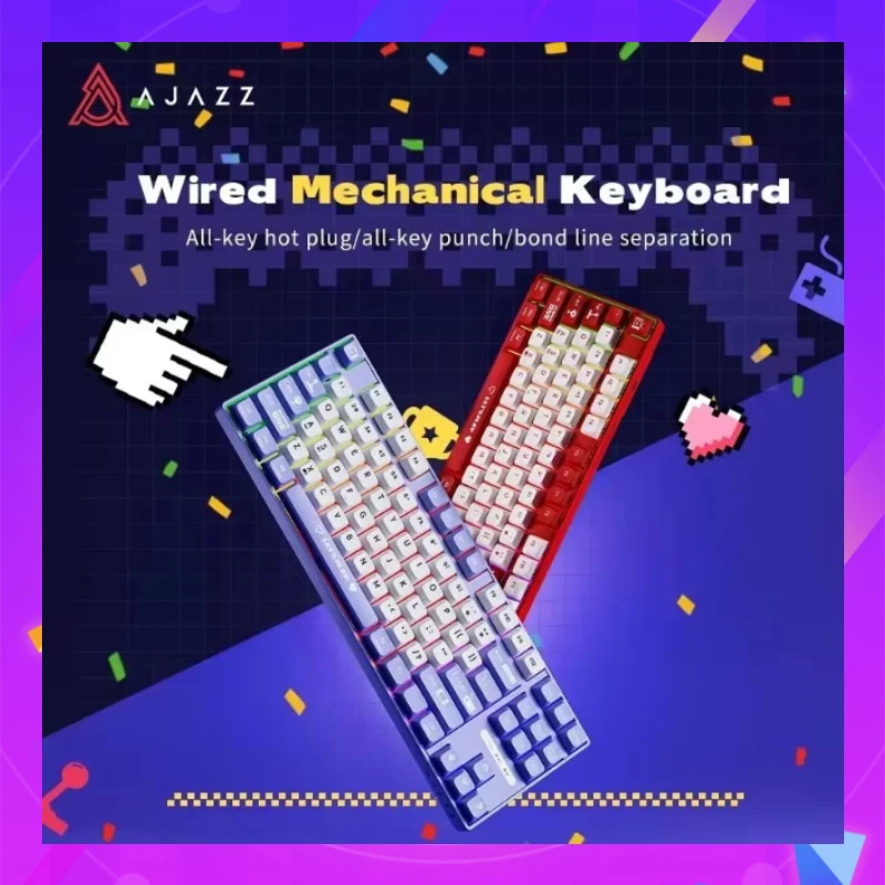 

Новая проводная механическая клавиатура Ajazz Ak870mc, игровая маленькая клавиатура с возможностью горячей замены, чайная ось, красная ось, 87 клавиш, фиолетовая, красная клавиатура