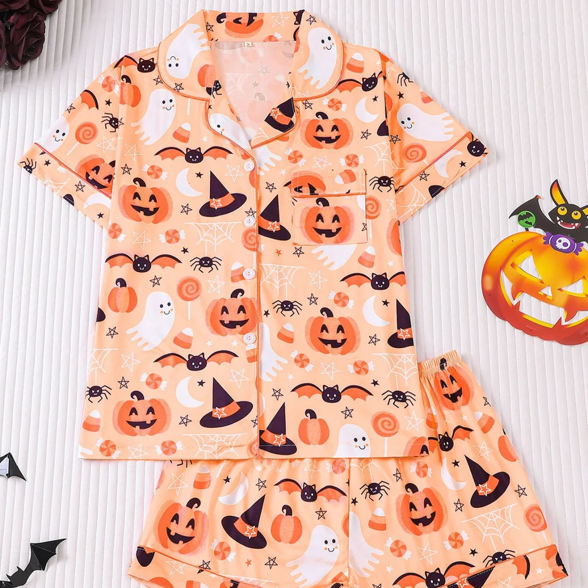 

Orange Halloween Themed Pajama with Pumpkin Print Lapel Short Sleeve Shorts Loungewear Home Wear Set Clothes