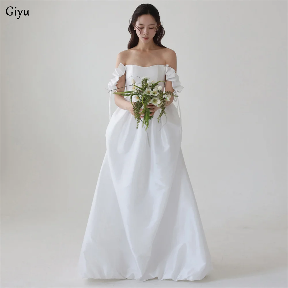 Giyu Princess Detachable Off the Shoulder Korea Wedding Dress Satin Outdoor Snapshot Customized Back Tie Pretty Bride Dress ﻿