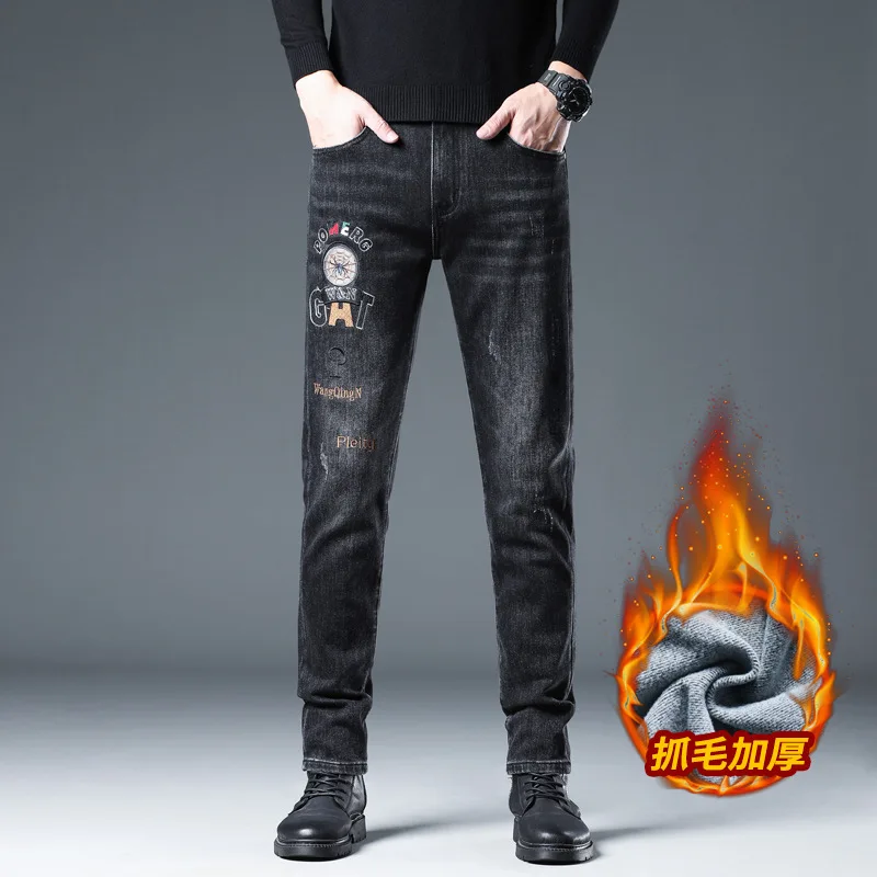 New Trendy Embroidered And Plush Thick Jeans For Men With Stretch Slim Fit Small Feet Stylish Versatile Casual Pants