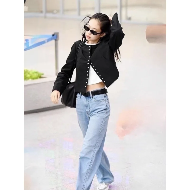 Firmranch Korean Fashion Jennie Clothes Black Casual Suit Round Collar Button Up Cardigan Jacket Star Girl Coat Slim Short Top