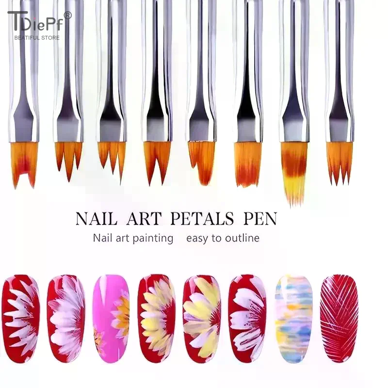 8Pcs Set Oblique Gradient Smudge Nail Flower Drawing Sawtooth Pen Multifunctional Mix Shape Petal Painting Gel Nail Art Brush