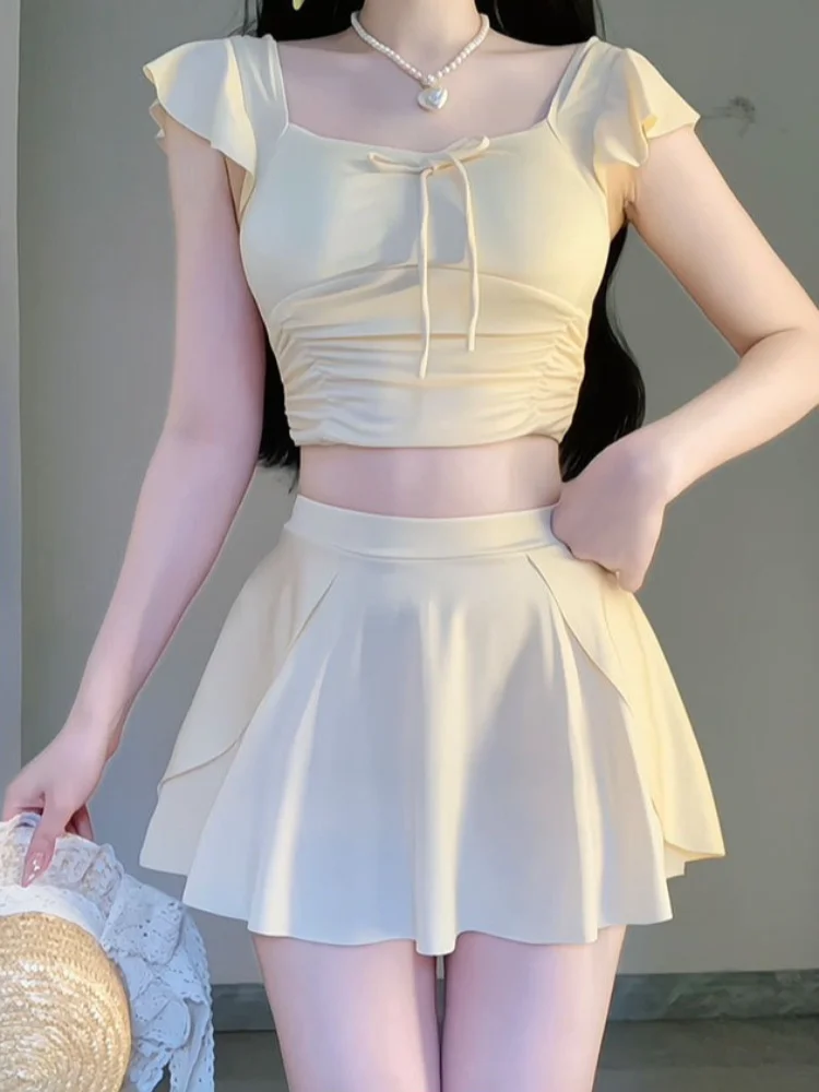 Sexy Women Two Piece Swimsuit Square Neck Slim Fit Short Sleeve Covering Fat Sexy Low-cut Short and Clear Swimming Suit