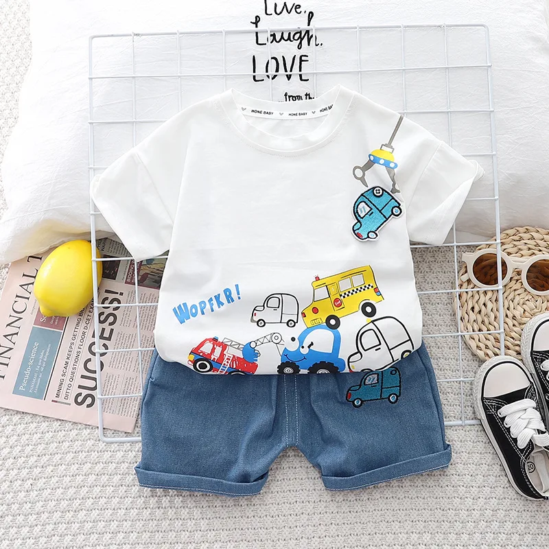 New Baby Boys Clothing Sets Summer Cartoon Car T Shirt +Denim Shorts Toddler Infant Kids Casual Infant Clothes Suits 1-5 Years