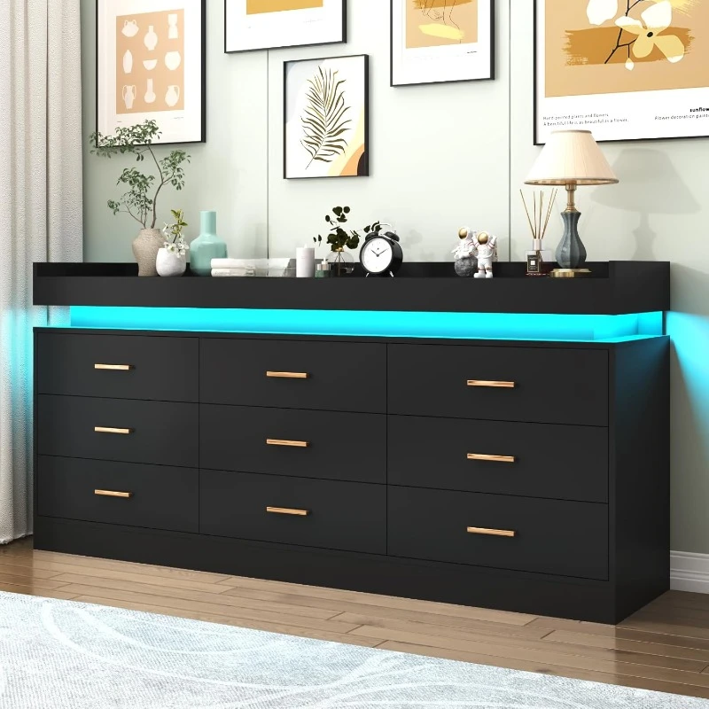 9 Drawer Dresser with LED Light and Charging Station, Modern Chest of Drawers for Closet, Wide Drawer Organizer Cabinet