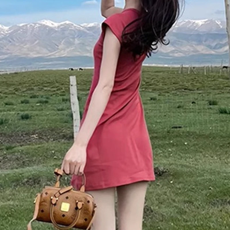 فستان نسائي بأكمام قصيرة ، ملابس نسائية ، كاجوال ، رقبة دائرية ، نحيل ، مثير ، شاطئ ، صغير ، بسيط ، متين ، الموضة ، الصيف ، Y2K ،