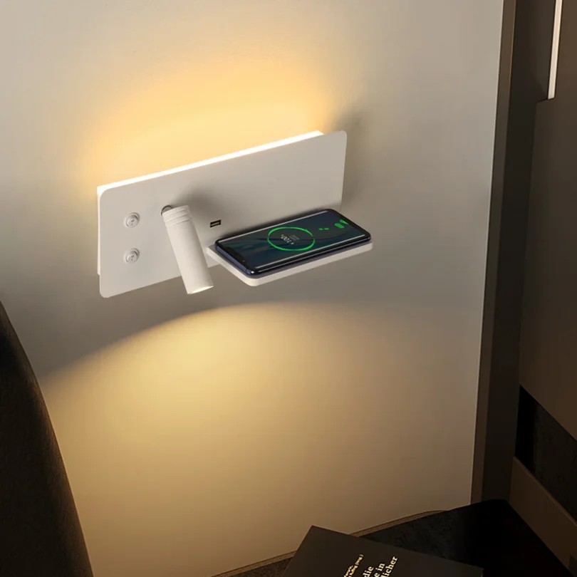 Carregamento sem fio LED Wall Sconce Light, Lâmpada moderna para o quarto, cabeceira, Hotel, Rotação, Iluminação de leitura, USB Charge, Decoração