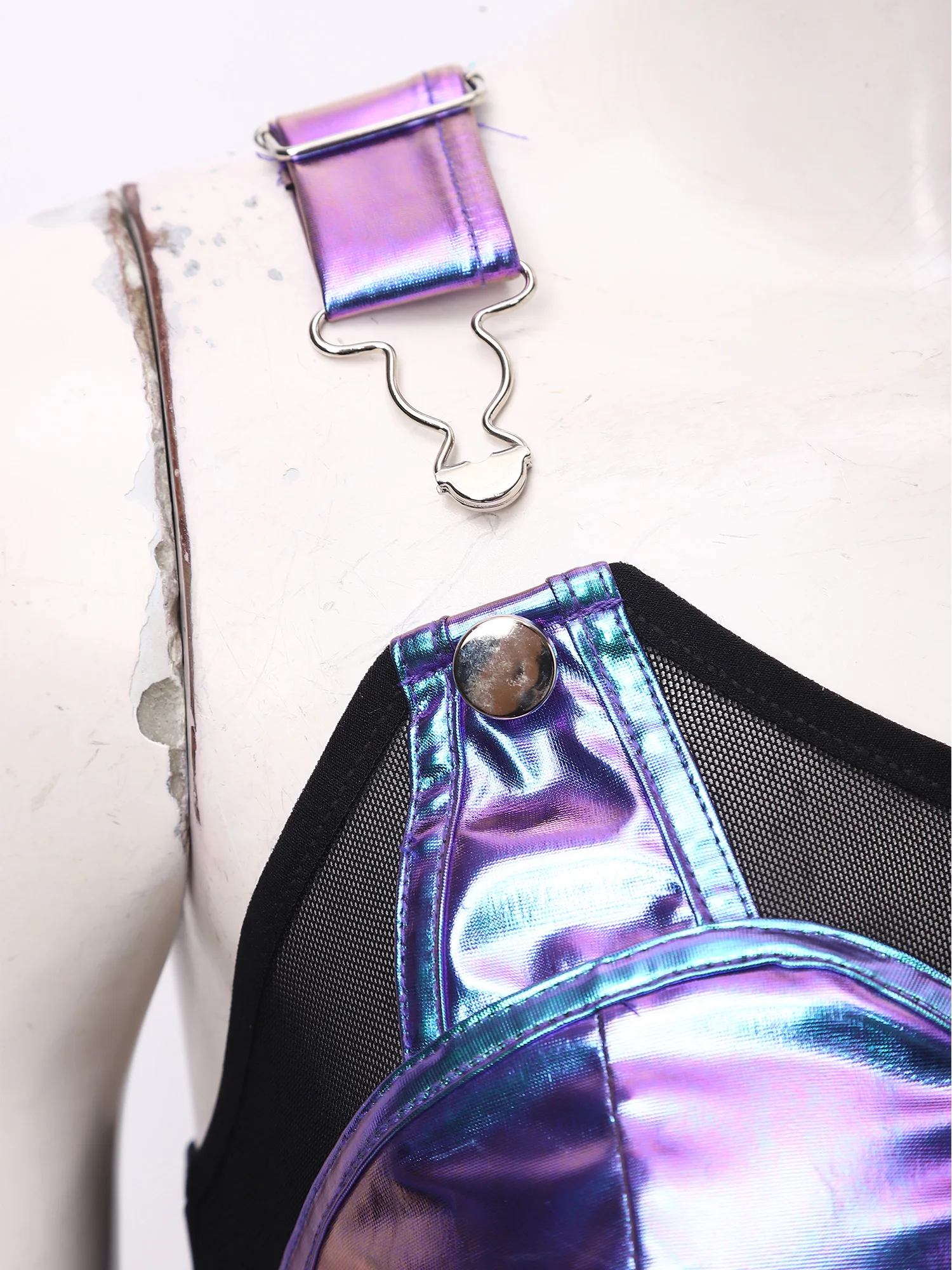 

Женский блестящий металлический топ в стиле панк с сетчатыми вставками, на молнии спереди, с регулируемыми бретелями, без рукавов, укороченный, для джазовых танцев и вечеринок